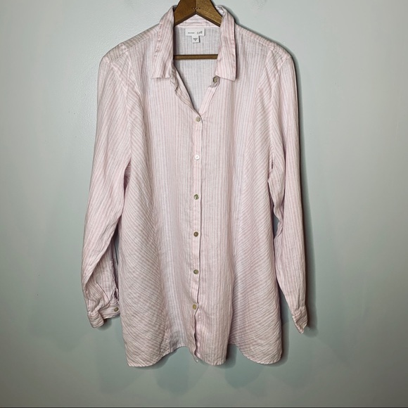 J. Jill Tops - J. JILL LINEN BUTTON DOWN TUNIC PINK STRIPE XL